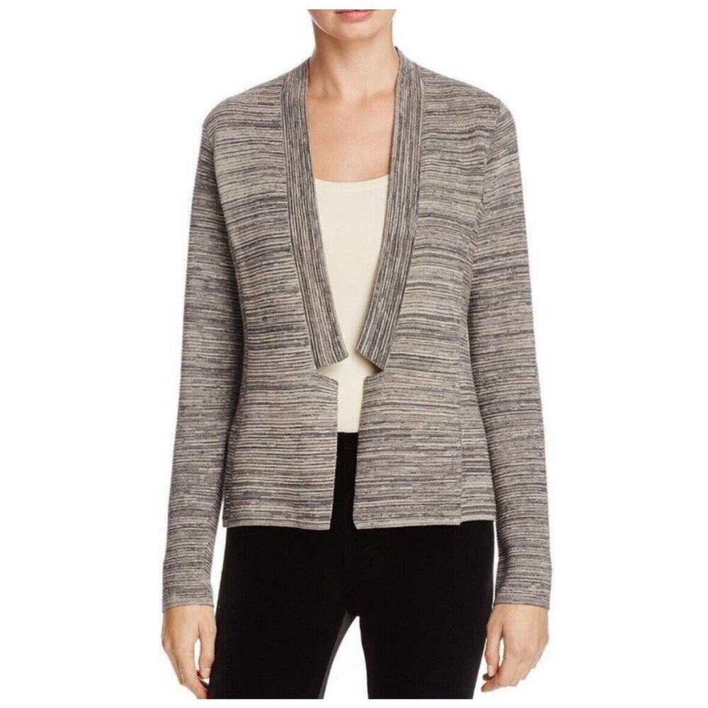 Eileen Fisher Gray Striped Sweater Cardigan L Tencel Organic Cotton Open